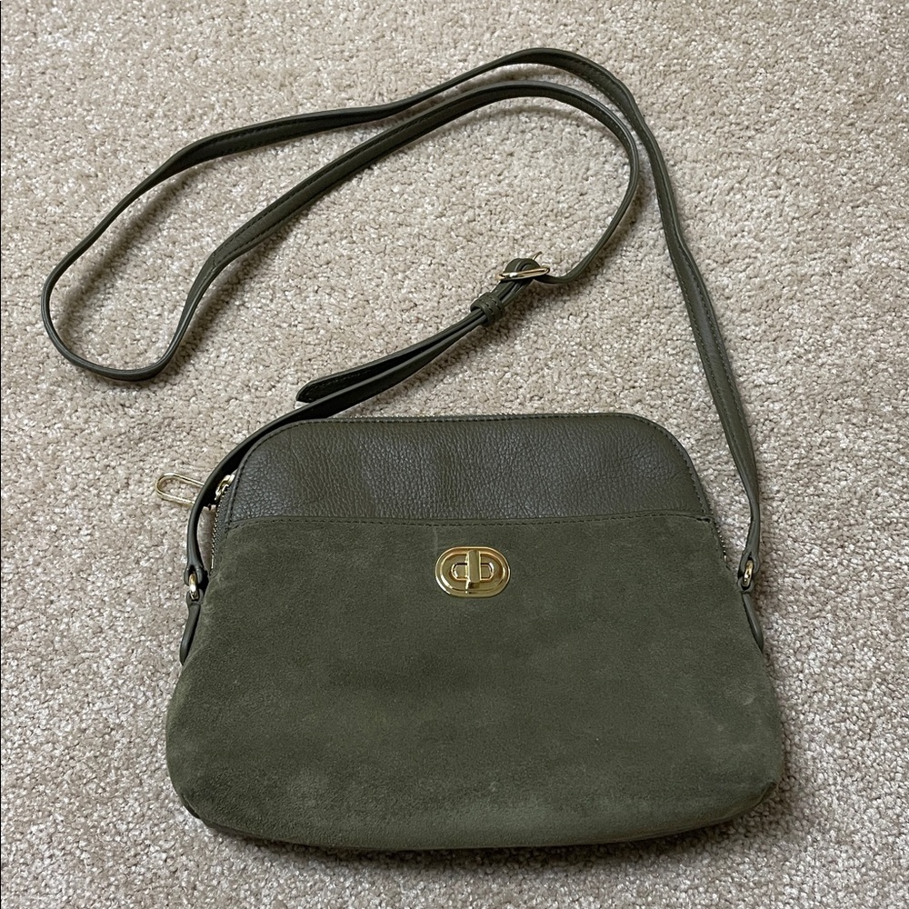 Talbots Olive Suede and Leather Crossbody with Gold Turn-Lock